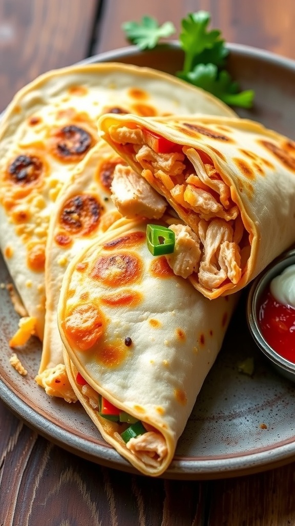 Cheesy chicken quesadilla wrap cut into wedges, served with salsa and sour cream.